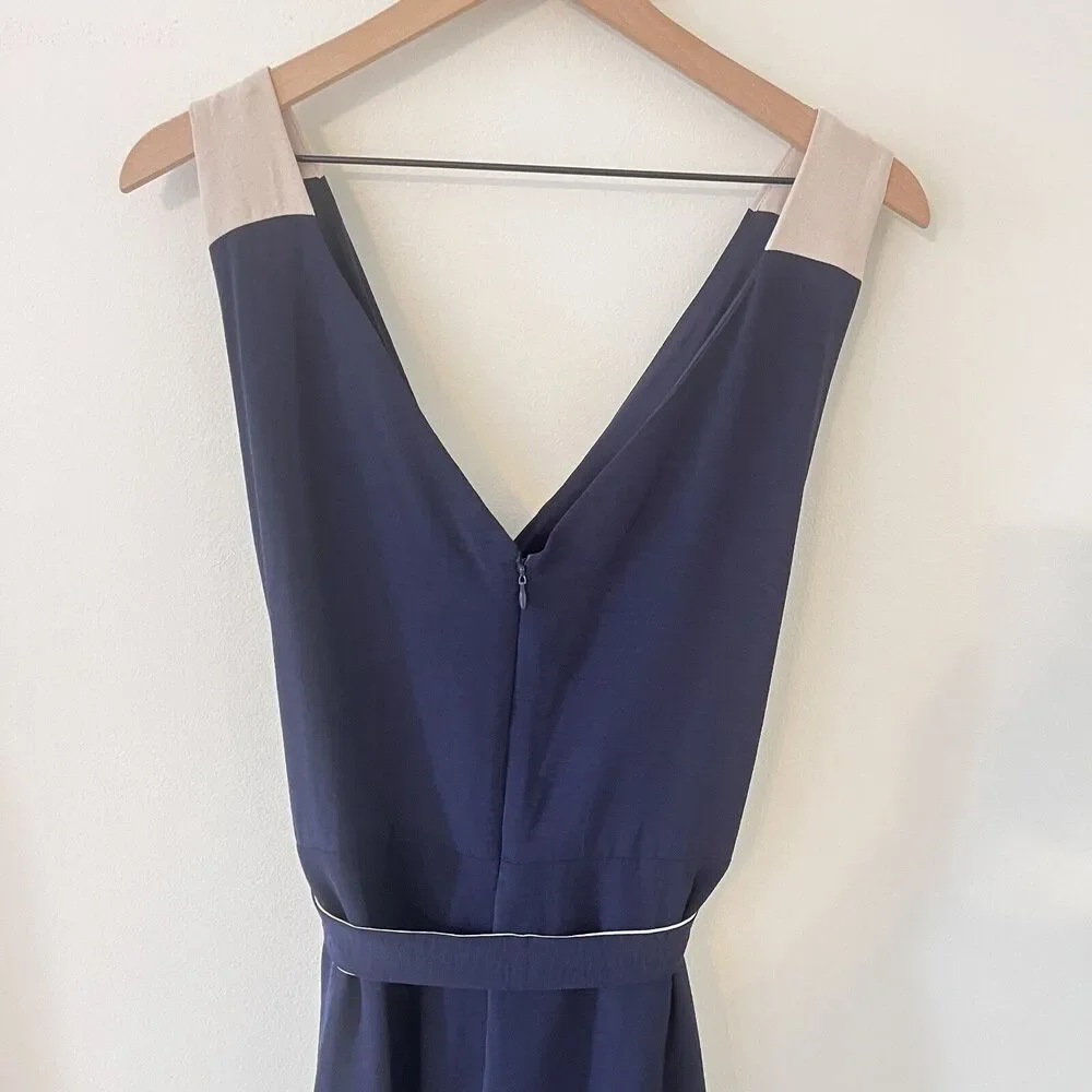 DKNY Colorblocked Belted Faux-Wrap Dress Navy Beige Size 16 - Picture 8 of 10